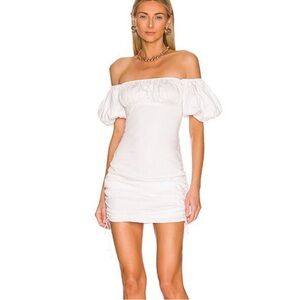 L’Academie Revolve Caroline Off Shoulder Ruched White Mini Dress